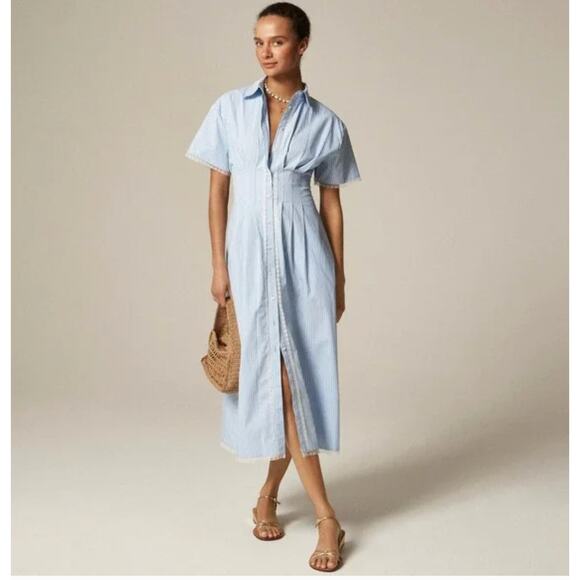 J Crew Wren Lace Trim Shirt Dress 12 NWT Blue White Stripe Coastal CK807 J.Crew - Picture 2 of 5